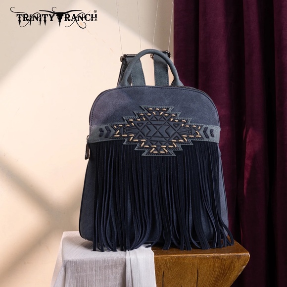 Trinity Ranch Aztec Tooled Fringe Concealed Carry Backpack Navy main image 4